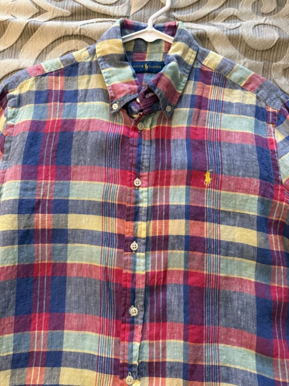 Vintage Ralph Lauren 100% Linen Plaid Button Front Shirt Size Large Long Sleeve